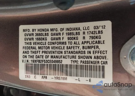 2012 Honda Civic Lx from USA, damaged, VIN 19XFB2F53CE049952